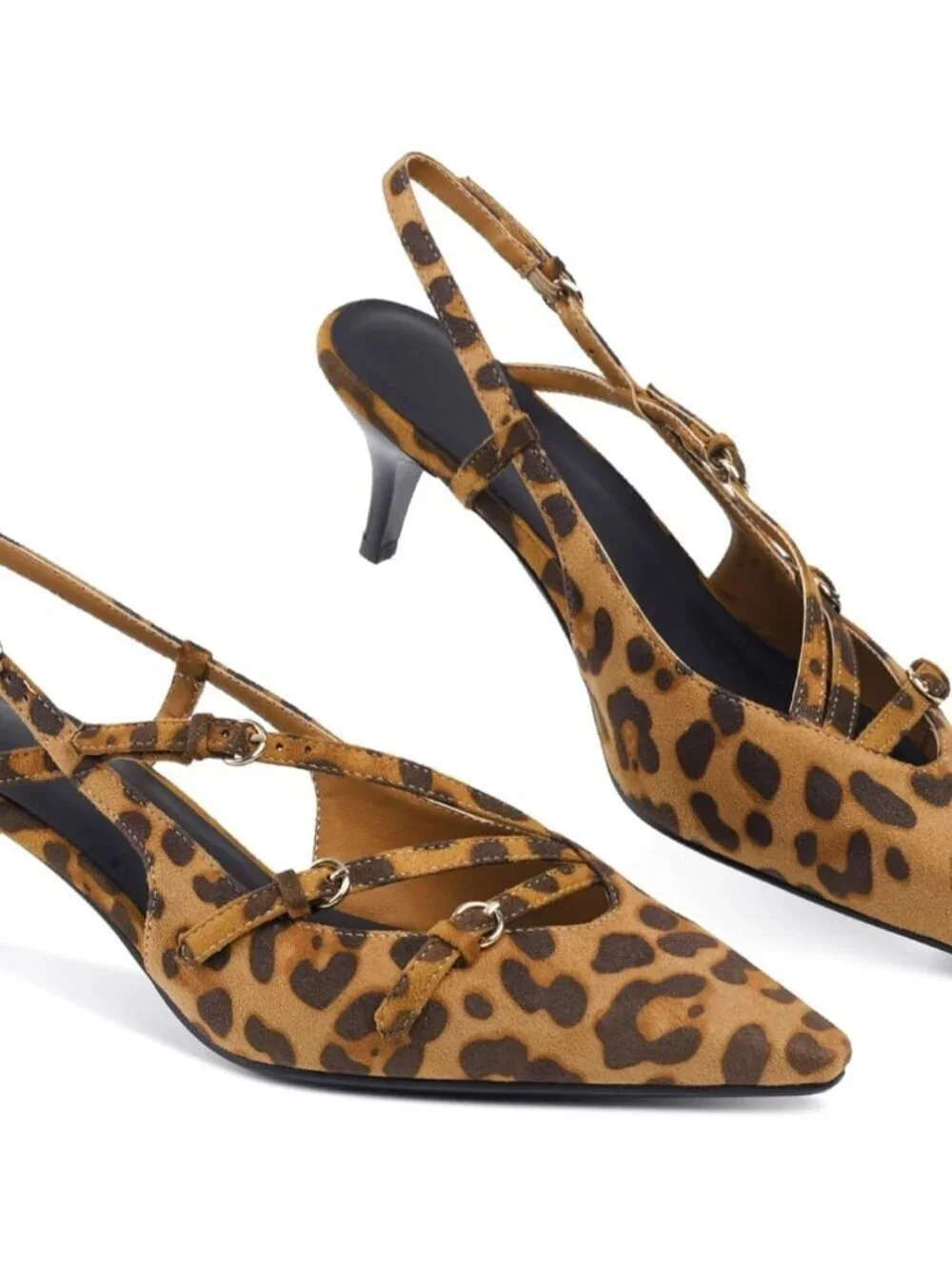 Women's Leopard Print Slingback Kitten Shoes Toe Pumps Low Stiletto Heels